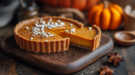 A pumpkin pie with a slice removed, sitting on a wooden board with pumpkins and spices in the background