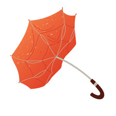 Inverted broken orange umbrella lying on the ground. Textured autumn design with dynamic composition. Symbol of strong wind, stormy weather and rainy days. Flat vector parasol illustration isolated