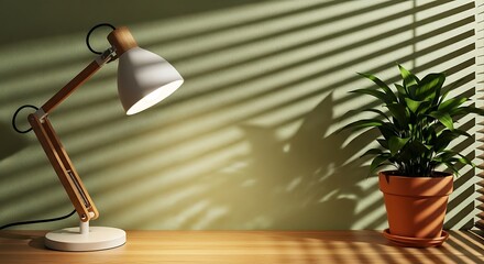 A modern desk lamp illuminates a potted plant on a wooden desk with sunlight streaming through blinds