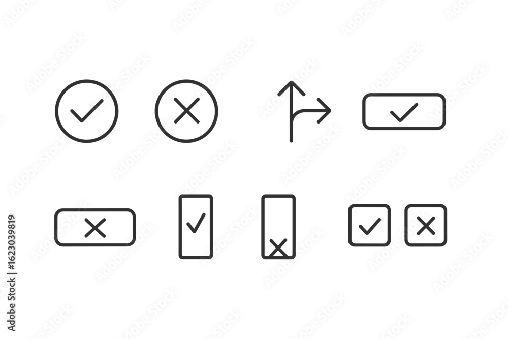 Poster user interface line icon set: buttons, checkboxes, arrows, navigation symbols