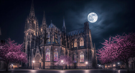  Majestic Gothic Cathedral Lit Up at Night Under a Full Moon with Blooming Pink Trees