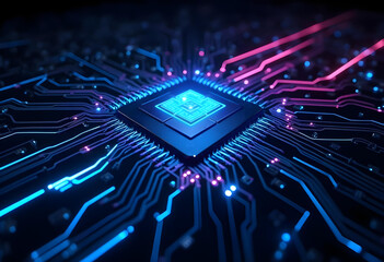 Digital Brain: An illustrative depiction of a powerful central processing unit (CPU) or the central computer brain, with circuits and light flowing through it.