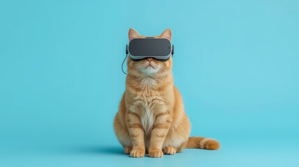 Adorable ginger cat wearing virtual reality headset on bright blue background. Futuristic AI-generated concept for tech, gaming, and digital lifestyle themes. Humorous animal illustration