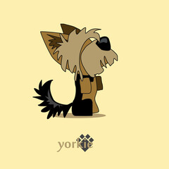 A cheerful cartoon image of a small dog of the Yorkshire terrier breed. Stylized puppy logo. Cute animal emotions.