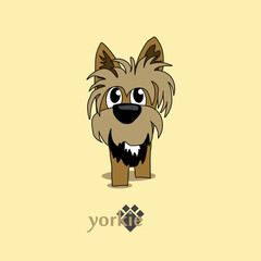 A cheerful cartoon image of a small dog of the Yorkshire terrier breed. Stylized puppy logo. Cute animal emotions.