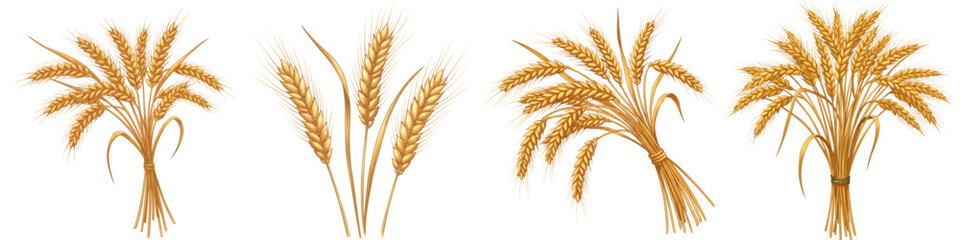 Set of isolated wheat ears in golden color on white background  
