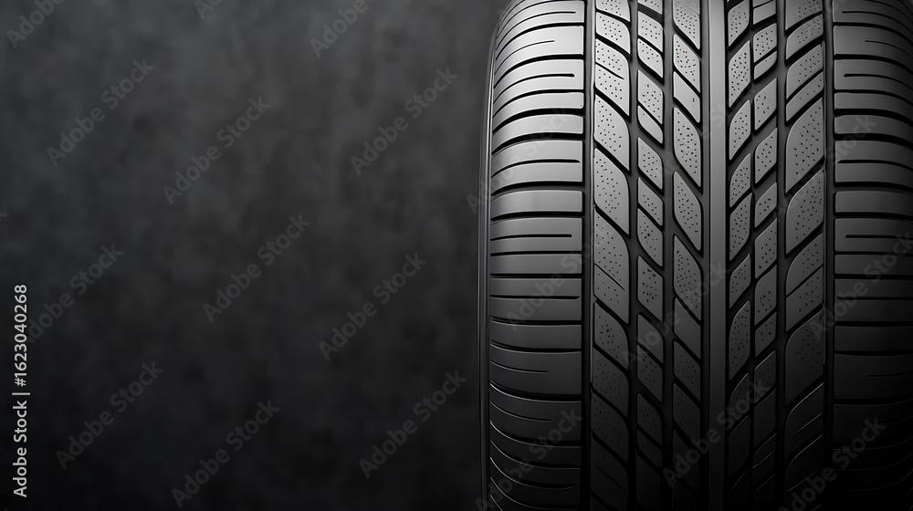 Poster a close-up view of a tire showcasing its tread pattern against a dark background, emphasizing its te