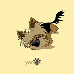 A cheerful cartoon image of a small dog of the Yorkshire terrier breed. Stylized puppy logo. Cute animal emotions.