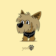 A cheerful cartoon image of a small dog of the Yorkshire terrier breed. Stylized puppy logo. Cute animal emotions.