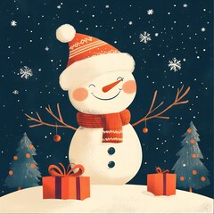 A cheerful snowman with gifts and christmas trees under falling snow on a dark blue background