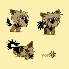 A cheerful cartoon image of a small dog of the Yorkshire terrier breed. Stylized puppy logo. Cute animal emotions.