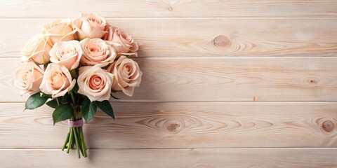 A delicate bouquet of blush roses rests on a light wood background, perfect for elegant event invitations or romantic announcements.