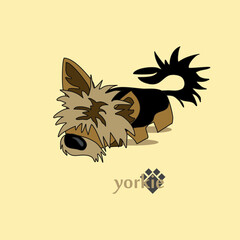 A cheerful cartoon image of a small dog of the Yorkshire terrier breed. Stylized puppy logo. Cute animal emotions.