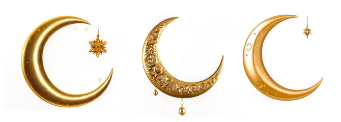 Decorated golden crescent moon with intricate patterns on a transparent background, Elegant gold crescent moon ornament isolated on PNG for use in Eid and Ramadan.