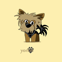 A cheerful cartoon image of a small dog of the Yorkshire terrier breed. Stylized puppy logo. Cute animal emotions.