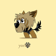 A cheerful cartoon image of a small dog of the Yorkshire terrier breed. Stylized puppy logo. Cute animal emotions.