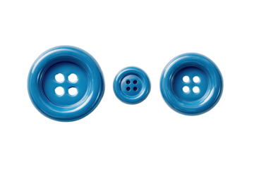 Three glossy, vibrant blue buttons of varying sizes, each with four small holes