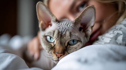 A close up of a devon rex cat with blue eyes lying on a white bed with a person blurred behind it