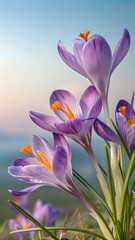 Naklejka premium Beautiful purple crocus flowers gently open their petals towards the soft light of a new spring day.