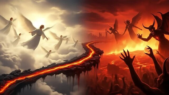 Angels in a bright sky and demons in a fiery abyss are separated by a glowing path in this allegorical image.