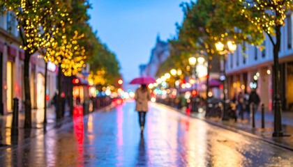 Obraz premium Crimson Umbrella Amidst a Golden Bokeh Dream on a Rainy Evening