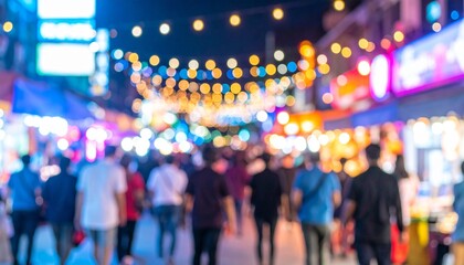 Dreamy Blur of a Crowded Street Illuminated by Colorful Night Market Bokeh
