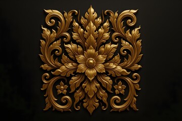 Golden floral ornament on a Black Background: a close-up shot of a detailed golden floral ornament against a dark backdrop, a showcase of artistic detail and luxury aesthetic.