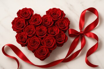 Red roses arranged in heart shape with silk ribbon on marble surface for Valentine's Day romantic love celebration concept