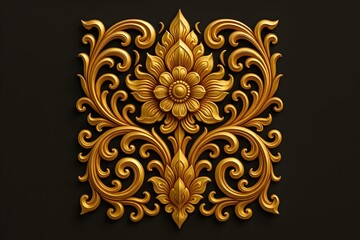 Golden Floral Adornment: A striking ornamental floral carving, meticulously detailed in gleaming gold against a contrasting backdrop, radiates timeless elegance and refined artistic beauty.