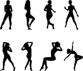 Set of 8 elegant female silhouette line vectors in various poses. Minimalistic linear design perfect for beauty, fashion, wellness, dance, and feminine branding projects.