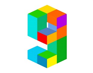 Isometric Nine: A playful mosaic of colorful building blocks forming the number nine