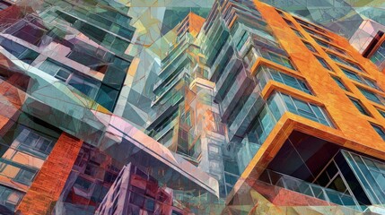 Abstract Deconstructed Architecture Background Fragmented buildings in impossible angles cubist influence bold contrasting colors