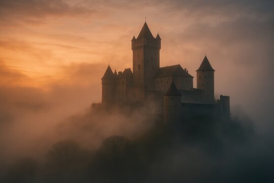 Ancient castle on misty hilltop at dawn with dramatic fog creating mysterious historical heritage atmosphere and medieval architecture