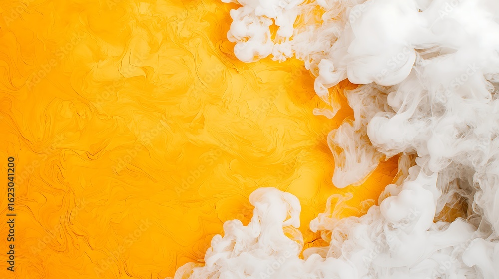 Poster a vibrant yellow background with swirling white smoke creating an abstract and dynamic visual effect
