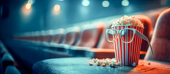 Popcorn bucket wearing 3d glasses is ready for the movie in cinema