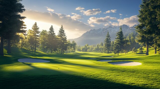 Scenic mountain golf course at sunset, lush green fairways, sand traps, and majestic pines.