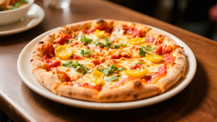 Delicious Pizza with Yellow Peppers and Basil