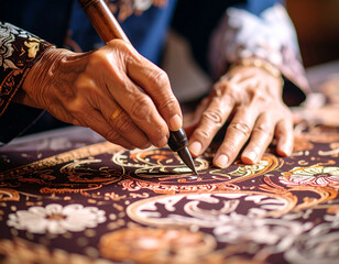 A person's hand is carving a motif on batik cloth