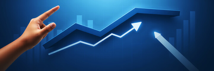 A hand pointing up at a rising graph with arrows on a blue background representing growth trend
