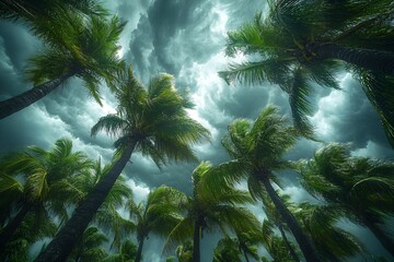 Looking up at palm trees blowing in the wind against a dramatic stormy cloudy sky background
