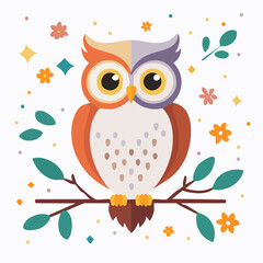Naklejka premium Whimsical Owl Illustration on a Branch Amidst Floral and Geometric Accents, Square Art