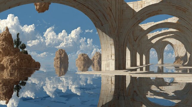 Surreal abstract background architecture lines bending gravity floating islands dreamlike fantasy landscape