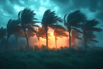Palm trees in a hurricane with a dramatic sky and orange glow behind the trees at dusk or dawn view