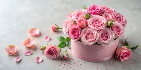A delicate arrangement of light pink roses in a hatbox, scattered petals and buds enhancing the romantic ambiance