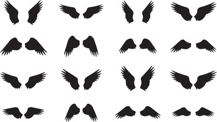 Fototapeta premium Collection of black silhouettes of angel wings in various shapes and sizes on white background