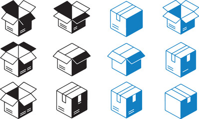 Twelve Isometric Cardboard Box Icons Black Blue White