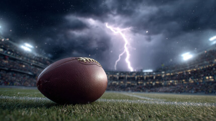 American football on grass stadium field with lightning strike in stormy sky image