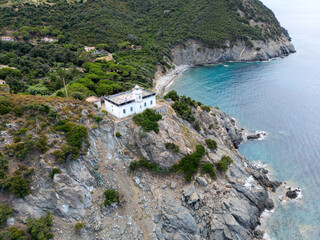 Aerial view of the Punta Polveria lighthouse on Elba Island,Tuscany