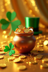 Lucky pot of gold, shamrock, and green leprechaun hat on a golden background for St. Patrick’s Day.