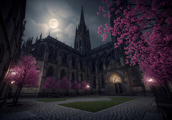 Majestic Gothic Cathedral with a Spire and Pink Cherry Trees Under a Full Moon at Night